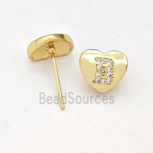 Copper Heart Stud Earring Pave Zirconia Letter-B Gold Plated