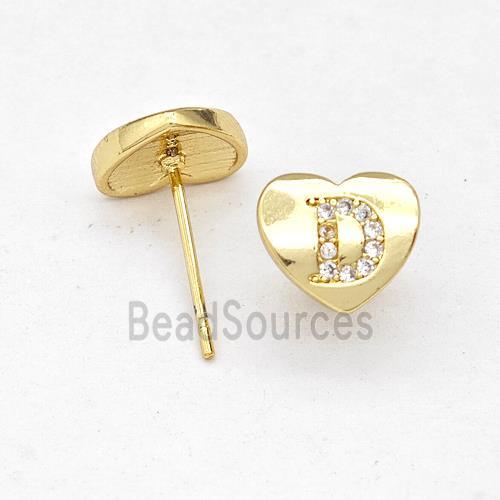 Copper Heart Stud Earring Pave Zirconia Letter-D Gold Plated