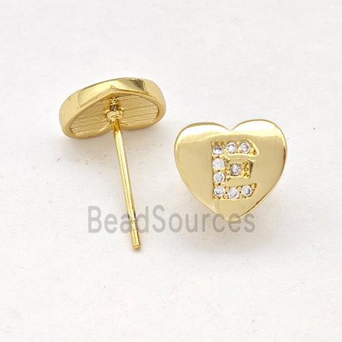 Copper Heart Stud Earring Pave Zirconia Letter-E Gold Plated