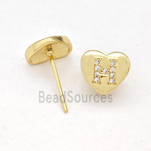 Copper Heart Stud Earring Pave Zirconia Letter-H Gold Plated