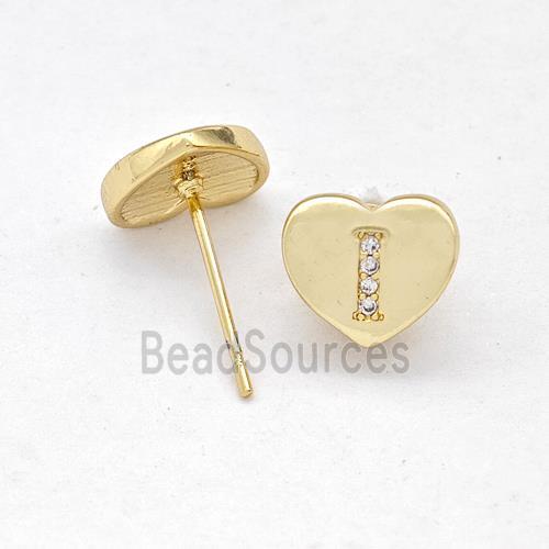 Copper Heart Stud Earring Pave Zirconia Letter-I Gold Plated