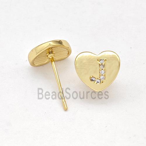 Copper Heart Stud Earring Pave Zirconia Letter-J Gold Plated