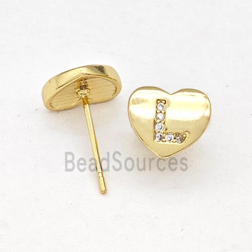 Copper Heart Stud Earring Pave Zirconia Letter-L Gold Plated