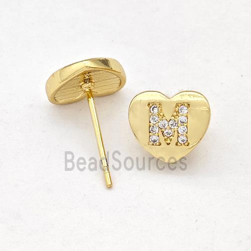 Copper Heart Stud Earring Pave Zirconia Letter-M Gold Plated