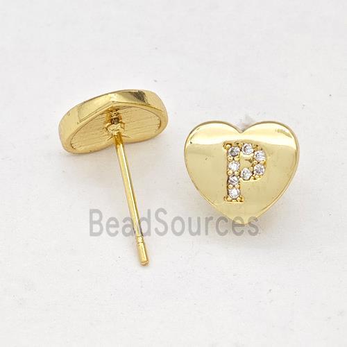 Copper Heart Stud Earring Pave Zirconia Letter-P Gold Plated