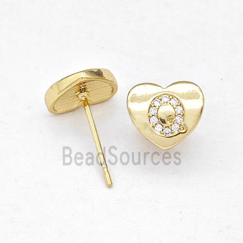 Copper Heart Stud Earring Pave Zirconia Letter-Q Gold Plated