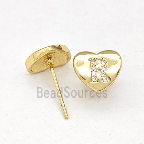 Copper Heart Stud Earring Pave Zirconia Letter-R Gold Plated