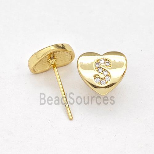 Copper Heart Stud Earring Pave Zirconia Letter-S Gold Plated