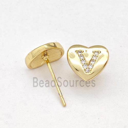 Copper Heart Stud Earring Pave Zirconia Letter-V Gold Plated