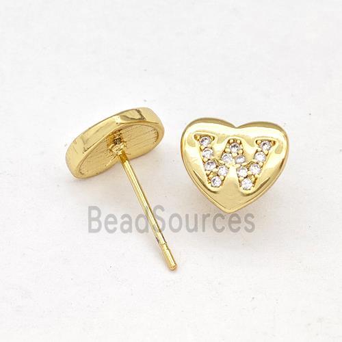 Copper Heart Stud Earring Pave Zirconia Letter-W Gold Plated