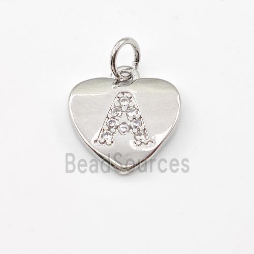 Copper Heart Pendant Pave Zirconia Letter-A Platinum Plated