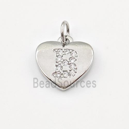 Copper Heart Pendant Pave Zirconia Letter-B Platinum Plated