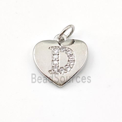 Copper Heart Pendant Pave Zirconia Letter-D Platinum Plated