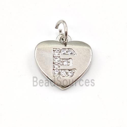 Copper Heart Pendant Pave Zirconia Letter-E Platinum Plated