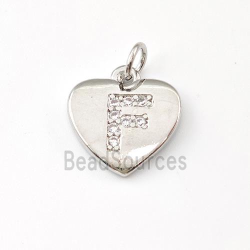 Copper Heart Pendant Pave Zirconia Letter-F Platinum Plated