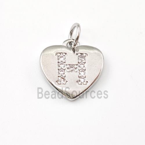 Copper Heart Pendant Pave Zirconia Letter-H Platinum Plated