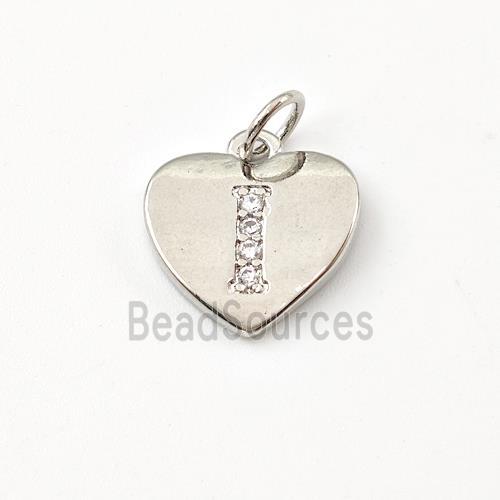 Copper Heart Pendant Pave Zirconia Letter-I Platinum Plated