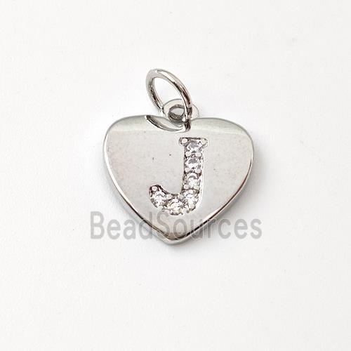 Copper Heart Pendant Pave Zirconia Letter-J Platinum Plated