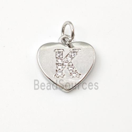 Copper Heart Pendant Pave Zirconia Letter-K Platinum Plated