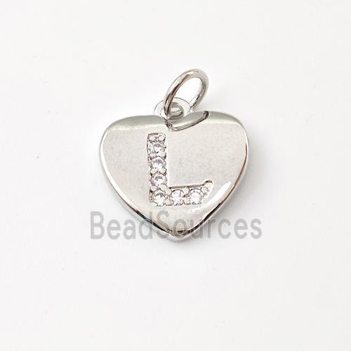 Copper Heart Pendant Pave Zirconia Letter-L Platinum Plated