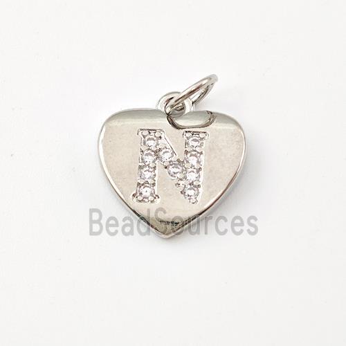 Copper Heart Pendant Pave Zirconia Letter-N Platinum Plated