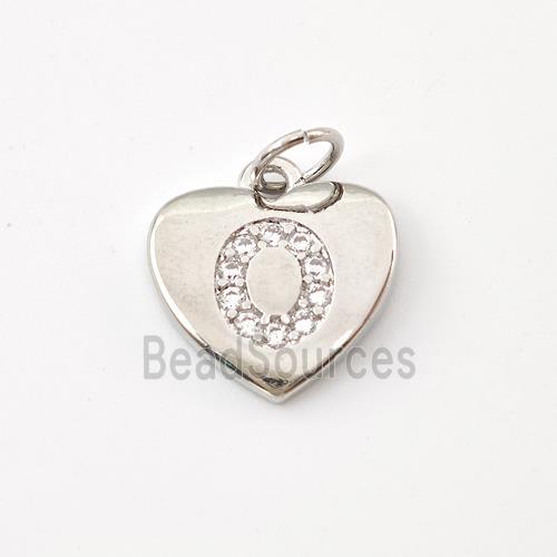 Copper Heart Pendant Pave Zirconia Letter-O Platinum Plated