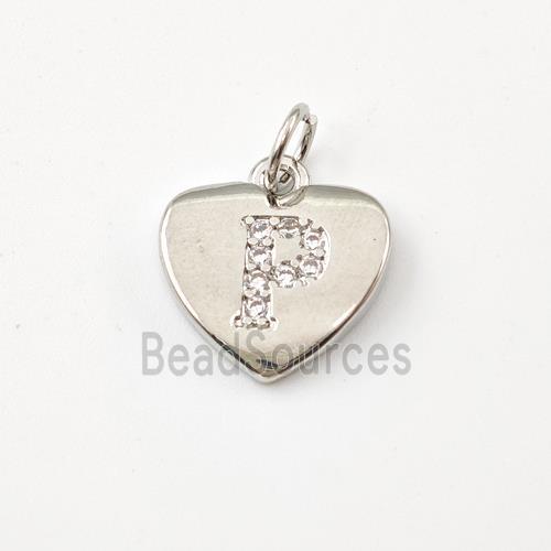 Copper Heart Pendant Pave Zirconia Letter-P Platinum Plated