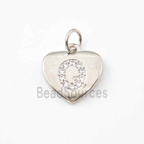 Copper Heart Pendant Pave Zirconia Letter-Q Platinum Plated