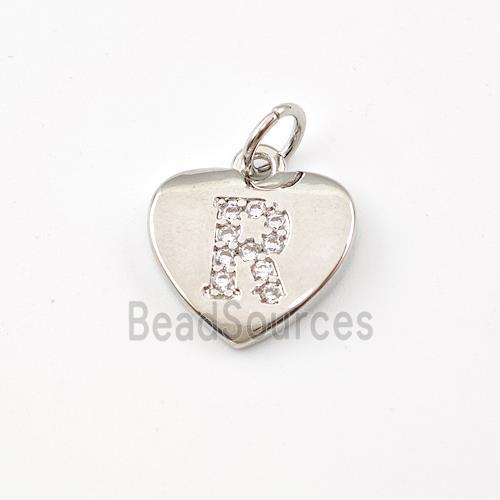 Copper Heart Pendant Pave Zirconia Letter-R Platinum Plated