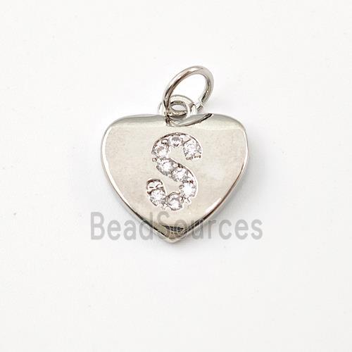 Copper Heart Pendant Pave Zirconia Letter-S Platinum Plated