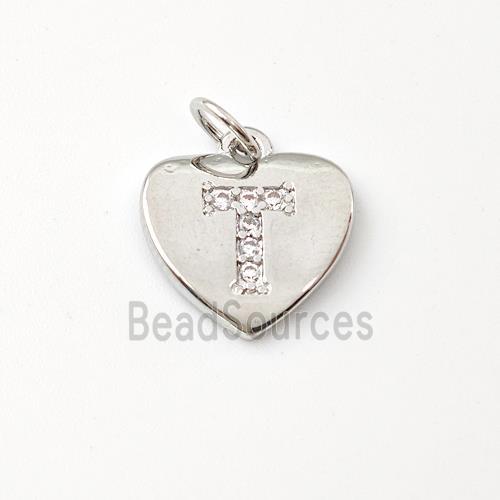 Copper Heart Pendant Pave Zirconia Letter-T Platinum Plated