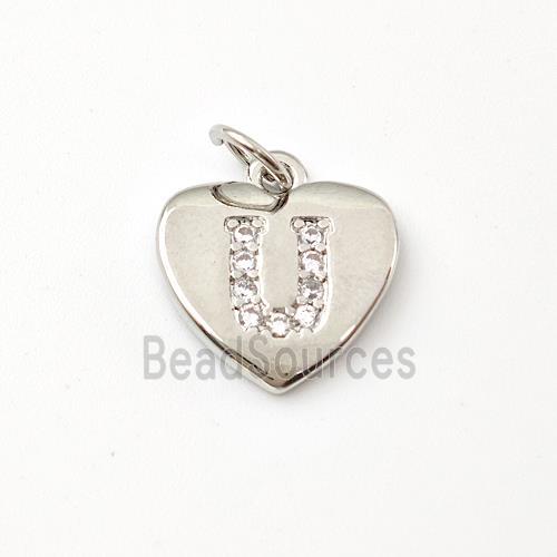 Copper Heart Pendant Pave Zirconia Letter-U Platinum Plated