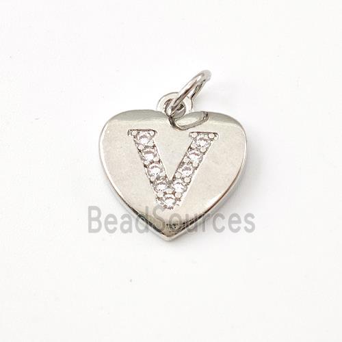 Copper Heart Pendant Pave Zirconia Letter-V Platinum Plated