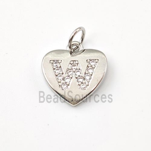 Copper Heart Pendant Pave Zirconia Letter-W Platinum Plated