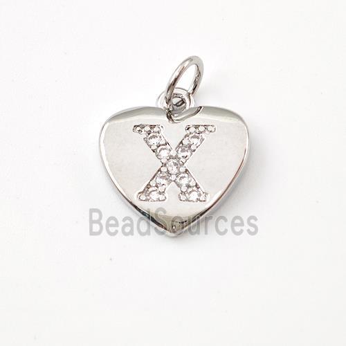 Copper Heart Pendant Pave Zirconia Letter-X Platinum Plated