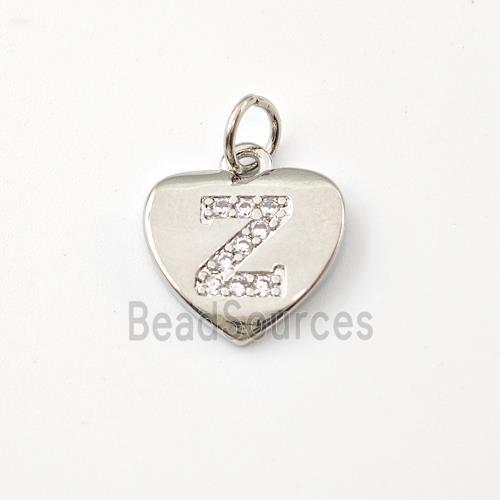 Copper Heart Pendant Pave Zirconia Letter-Z Platinum Plated