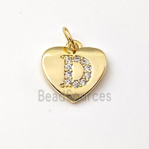 Copper Heart Pendant Pave Zirconia Letter-D Gold Plated