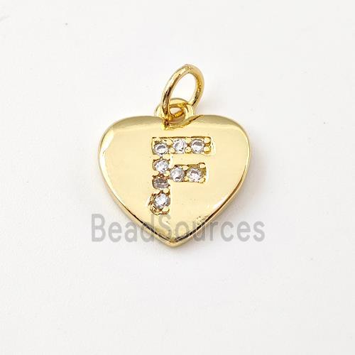 Copper Heart Pendant Pave Zirconia Letter-F Gold Plated