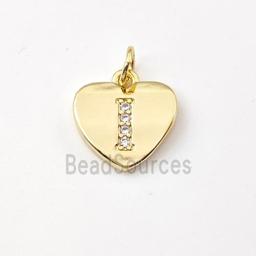 Copper Heart Pendant Pave Zirconia Letter-I Gold Plated