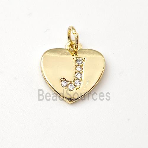 Copper Heart Pendant Pave Zirconia Letter-J Gold Plated