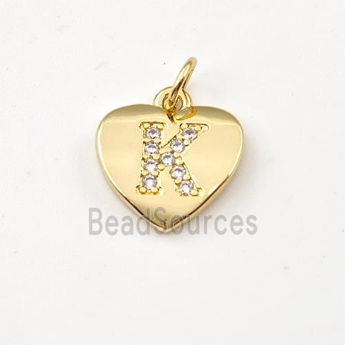 Copper Heart Pendant Pave Zirconia Letter-K Gold Plated