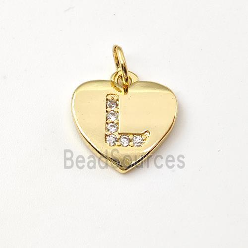 Copper Heart Pendant Pave Zirconia Letter-L Gold Plated