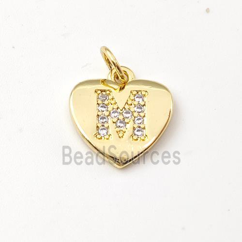 Copper Heart Pendant Pave Zirconia Letter-M Gold Plated