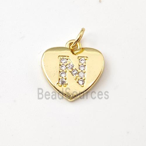 Copper Heart Pendant Pave Zirconia Letter-N Gold Plated