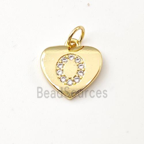 Copper Heart Pendant Pave Zirconia Letter-O Gold Plated