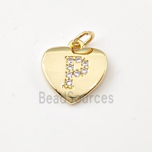 Copper Heart Pendant Pave Zirconia Letter-P Gold Plated