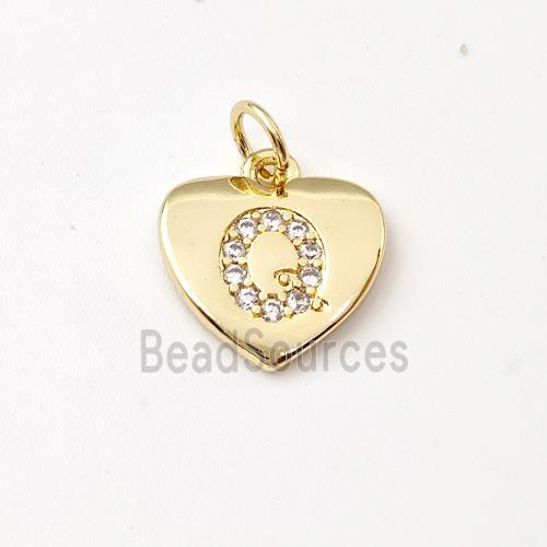 Copper Heart Pendant Pave Zirconia Letter-Q Gold Plated