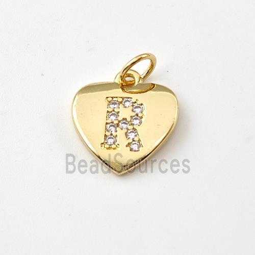 Copper Heart Pendant Pave Zirconia Letter-R Gold Plated