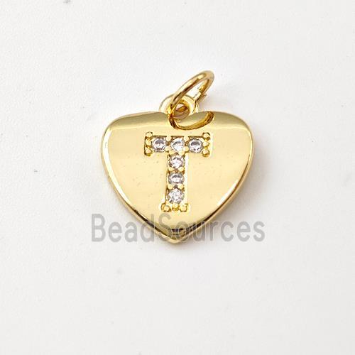 Copper Heart Pendant Pave Zirconia Letter-T Gold Plated