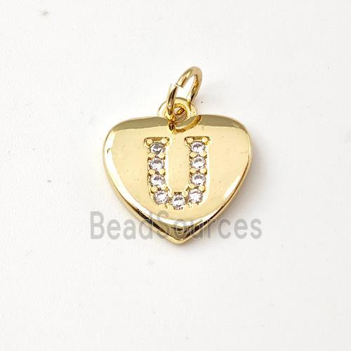 Copper Heart Pendant Pave Zirconia Letter-U Gold Plated